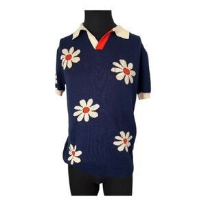 Ox knit NWT Mensb Navy Blue Floral Retro Mod Floral Print Cotton Polo Top
